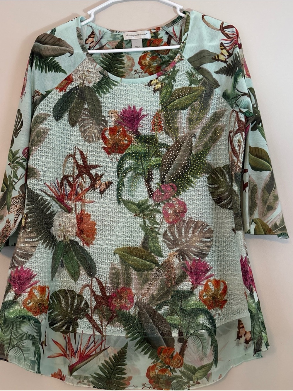 Christopher & Banks Mint Green Tropical Floral Knit Top